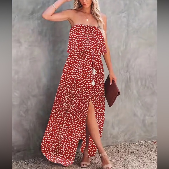 Boho dots drawstring waist tube maxi dress - Picture 1 of 16